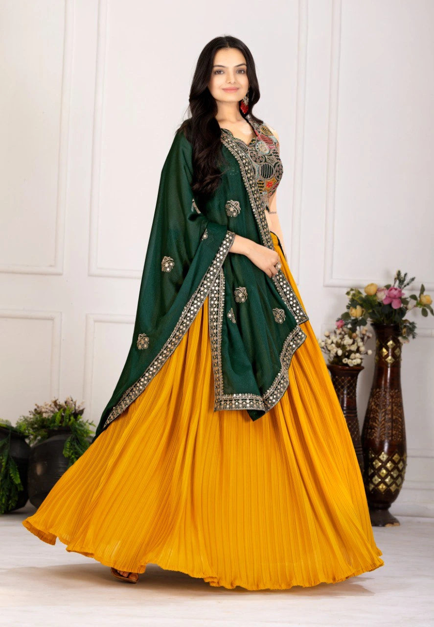 Woman wearing a green and yellow traditional outfit with a white background