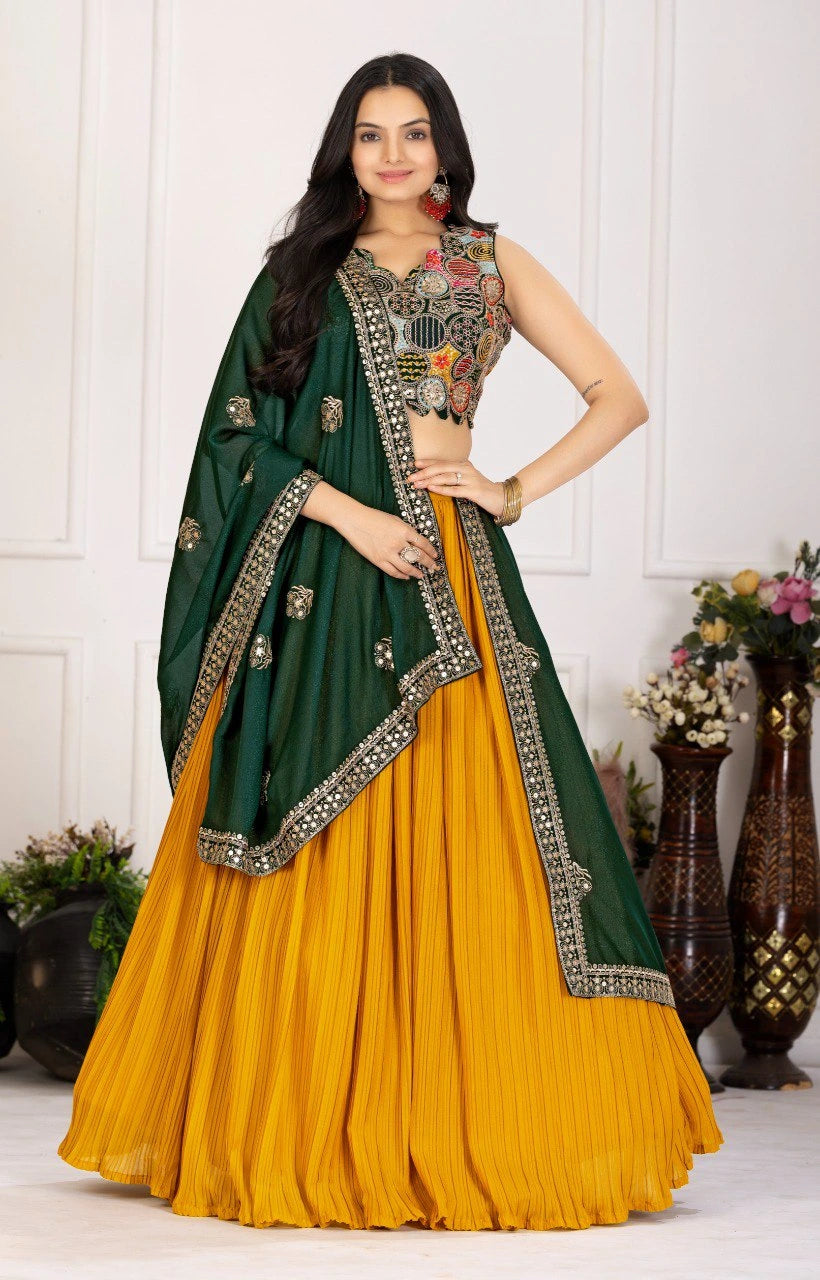 Woman wearing a green and yellow traditional outfit with a white background