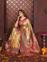 Detailed view of soft Banarasi tissue silk saree in mustard yellow with shimmering zari design.