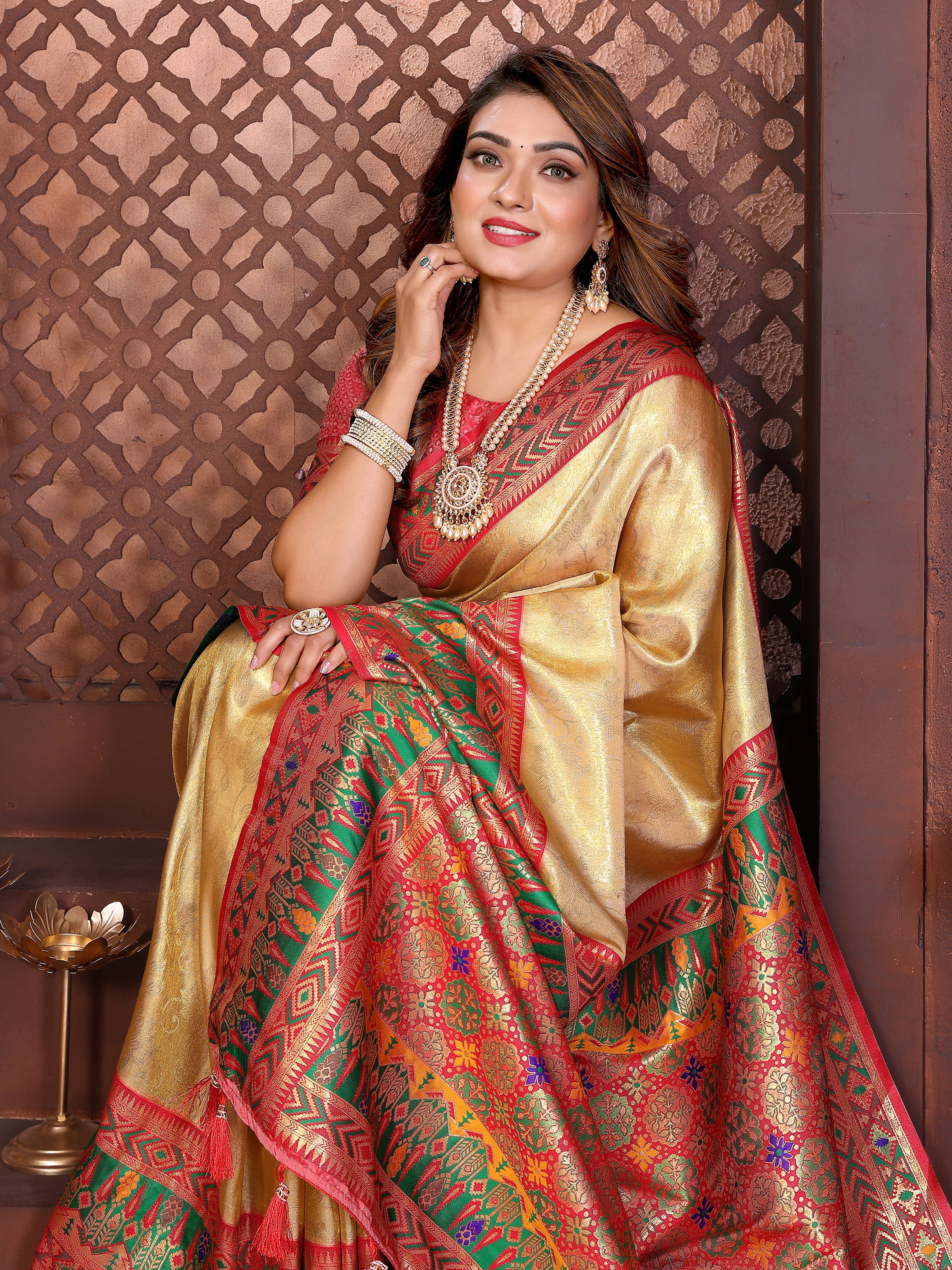 Shopify product listing showcasing mustard yellow Banarasi tissue silk saree with ornate zari weaving.
