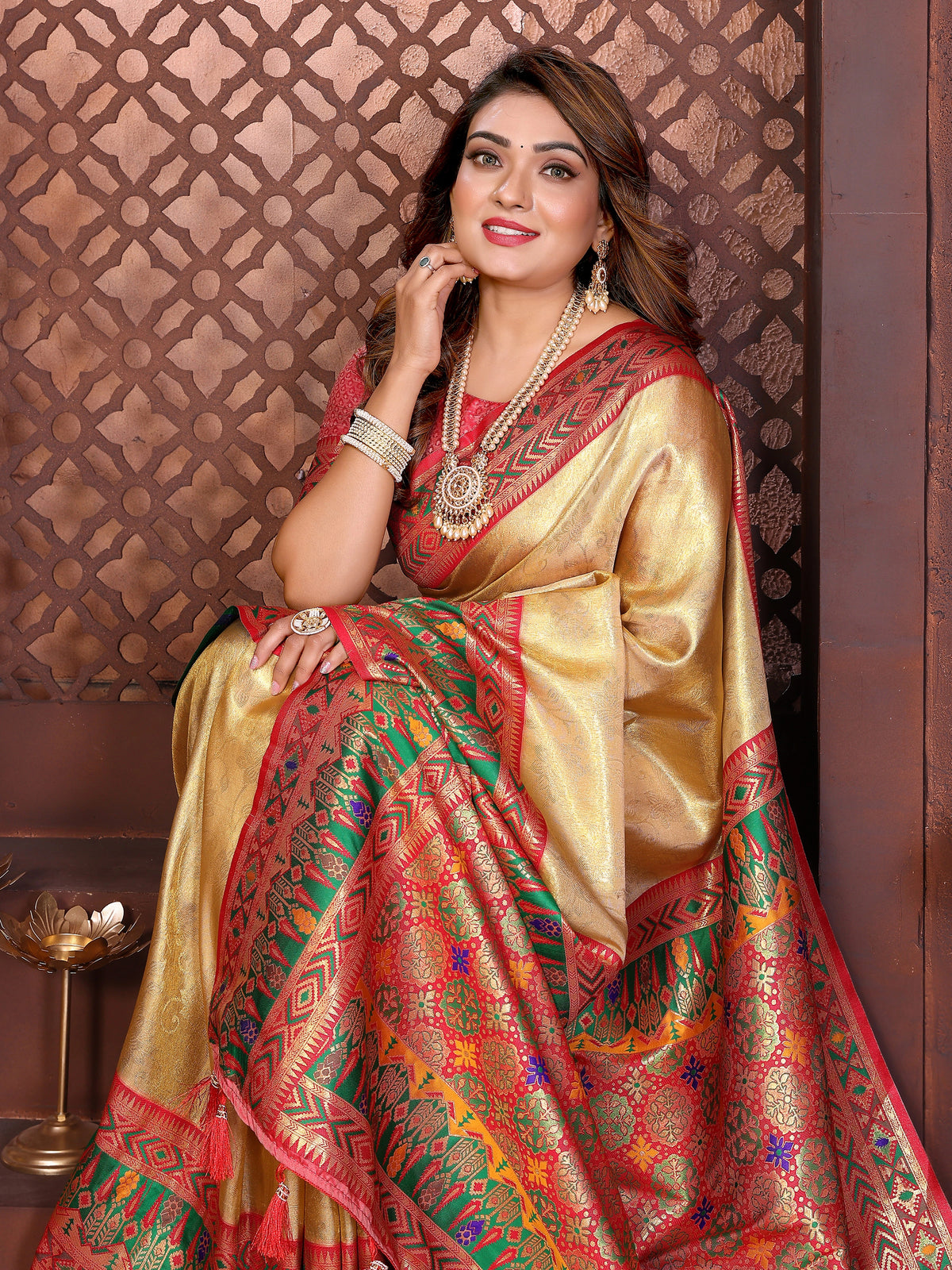 Shopify product listing showcasing mustard yellow Banarasi tissue silk saree with ornate zari weaving.