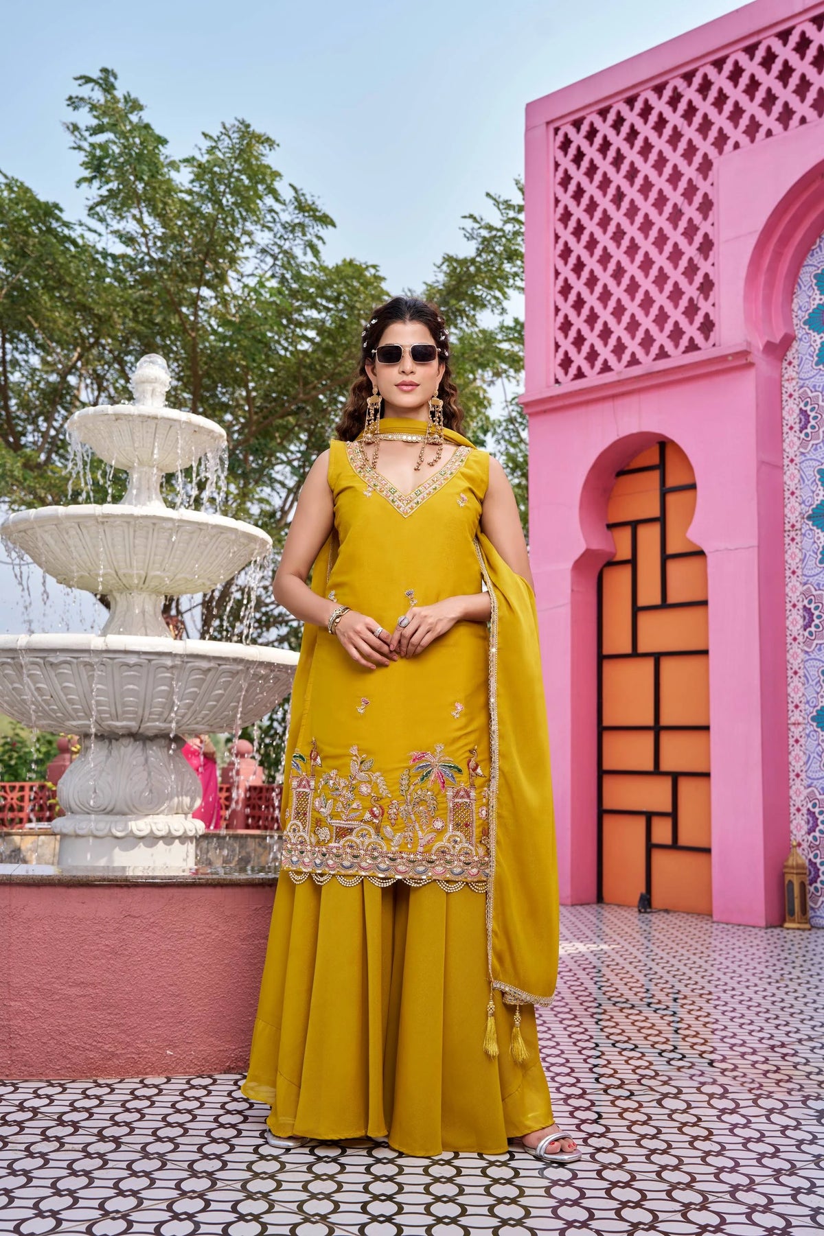 Mustard yellow georgette kurti set