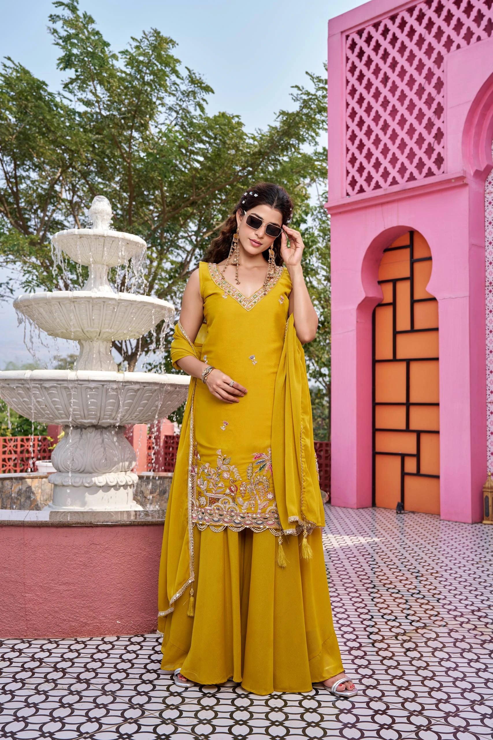 Mustard yellow georgette kurti set - kalyanja