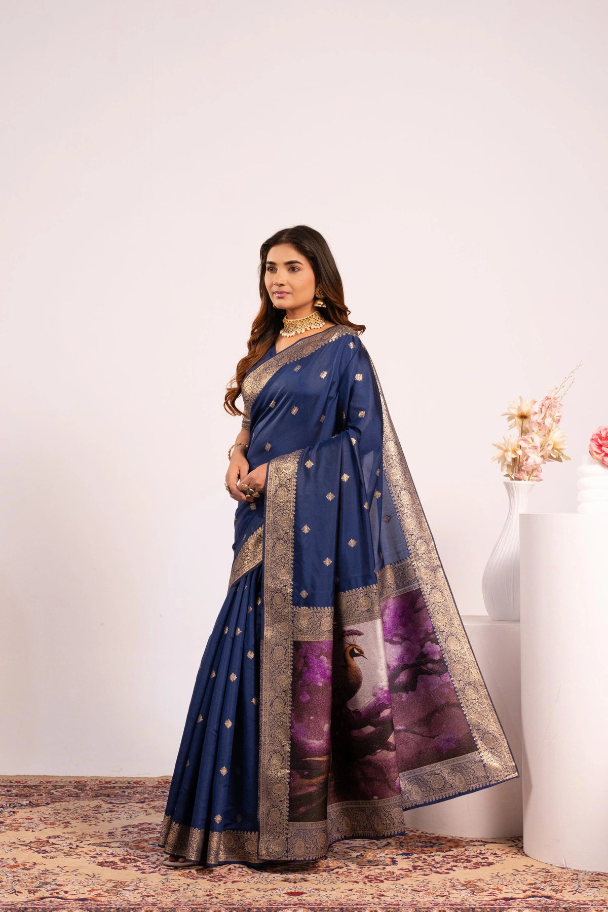 Navy Blue Soft Banarasi Silk Saree