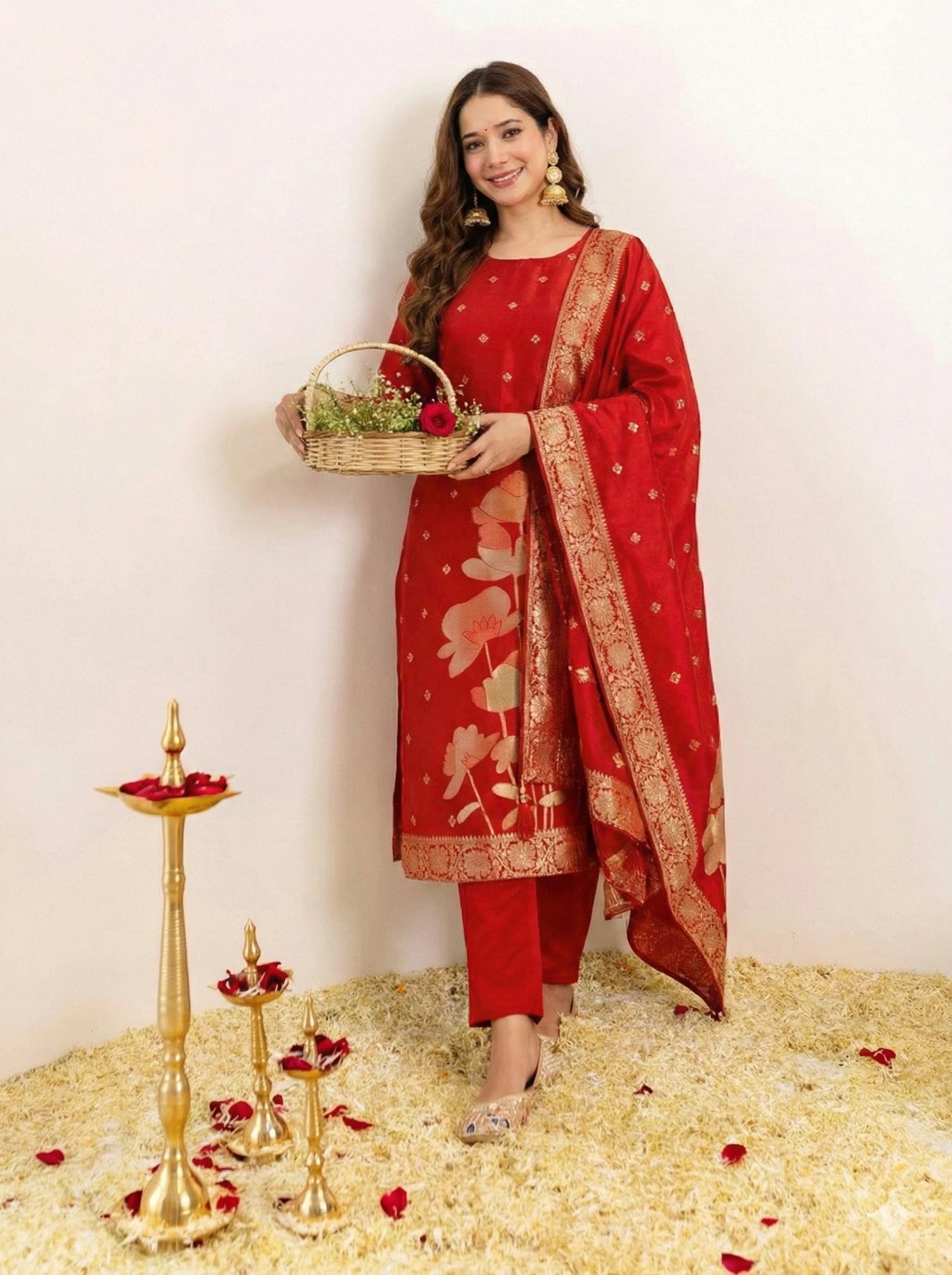 red kurta set made of Banarasi silk