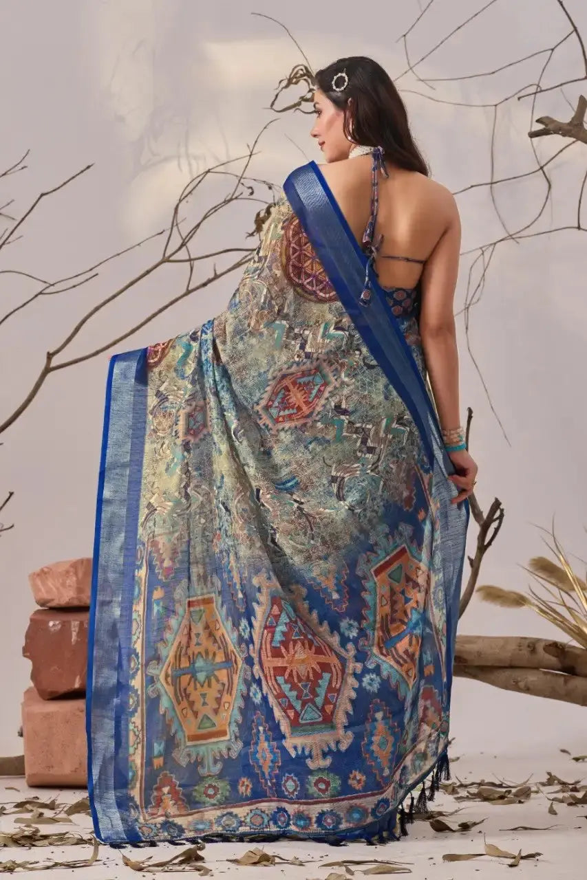 Navy Blue Aztec Digital Print Saree – back view showing halter blouse and geometric pallu spread
