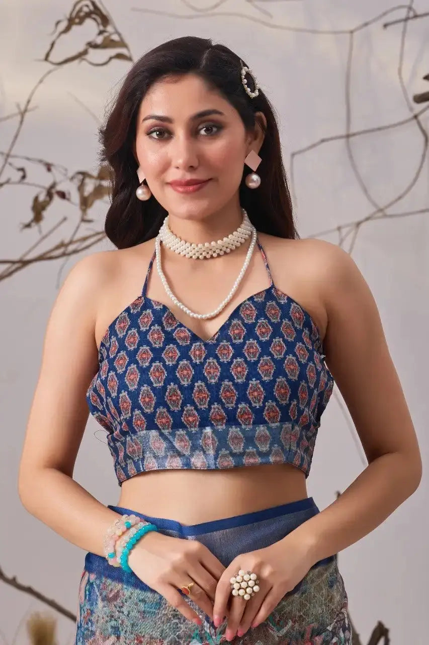 Navy Blue Saree halter blouse close-up with printed geometric diamond pattern