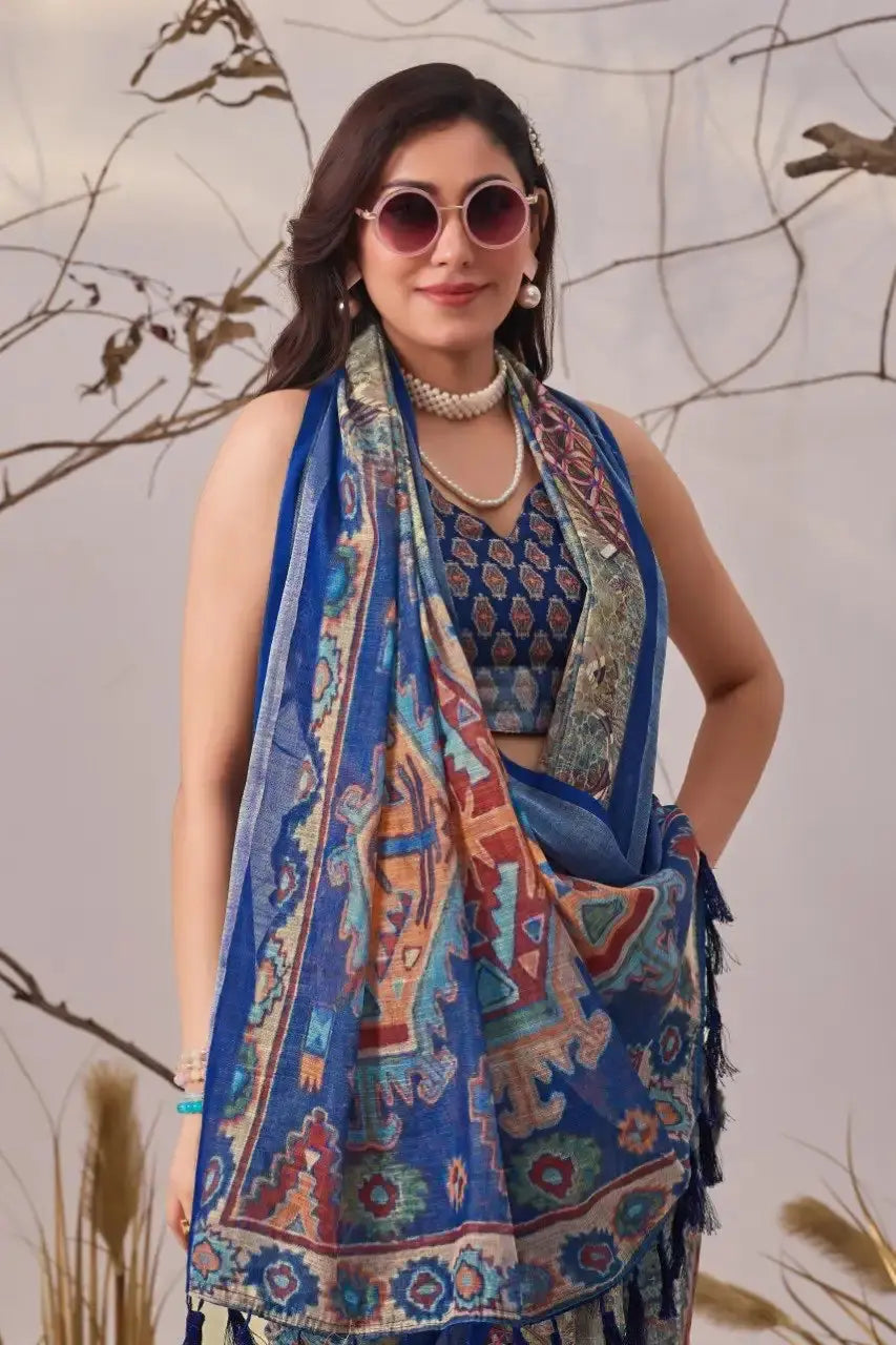 Navy Blue Digital Print Linen Saree – close-up drape showing Aztec geometric pallu motifs