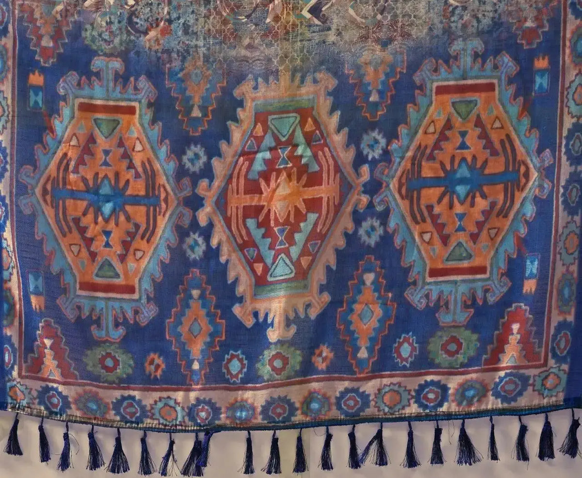 Navy Blue Aztec Digital Print Saree flat lay showing geometric diamond medallion pallu with blue tassels