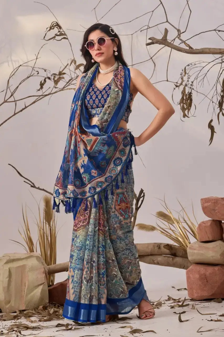 Navy Blue Aztec Saree – full front view styled with sunglasses and contrast Aztec pallu