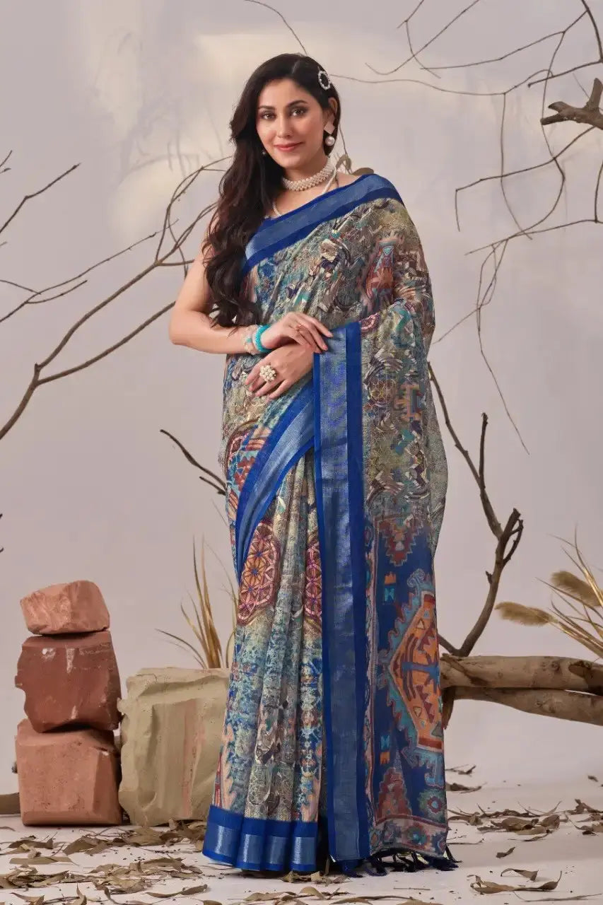 Navy Blue Aztec Digital Print Linen Cotton Saree – front full standing drape view