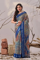 Navy Blue Aztec Digital Print Linen Cotton Saree – front full standing drape view