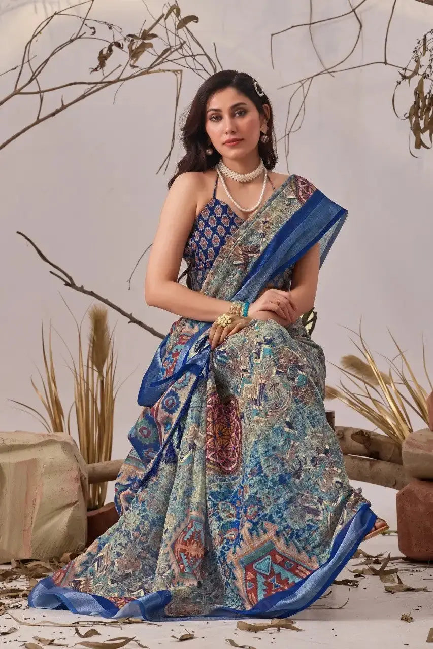 Navy Blue Linen Cotton Saree – seated full drape with blue tasselled Aztec pallu
