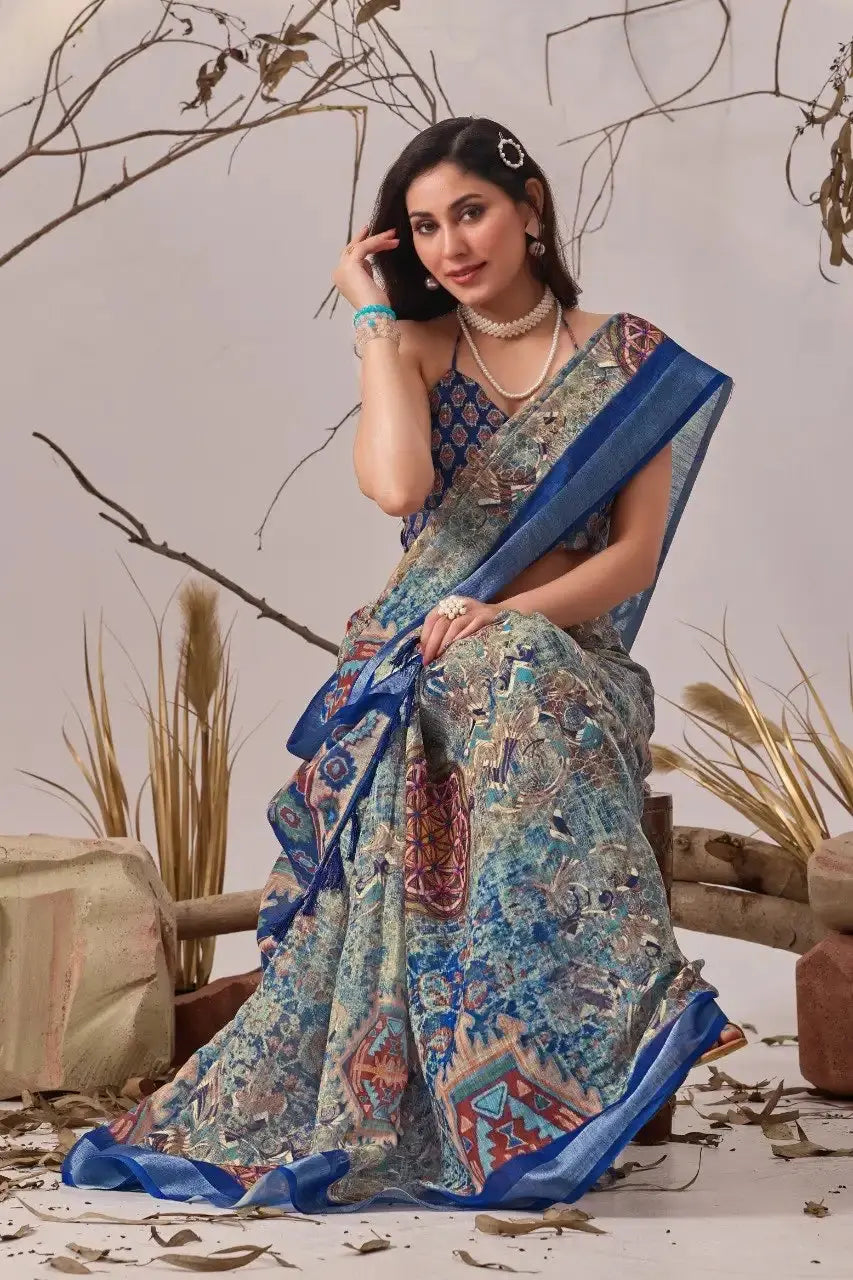 Navy Blue Aztec Saree – seated close-up view with multicolour geometric body print