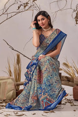 Navy Blue Aztec Saree – seated close-up view with multicolour geometric body print