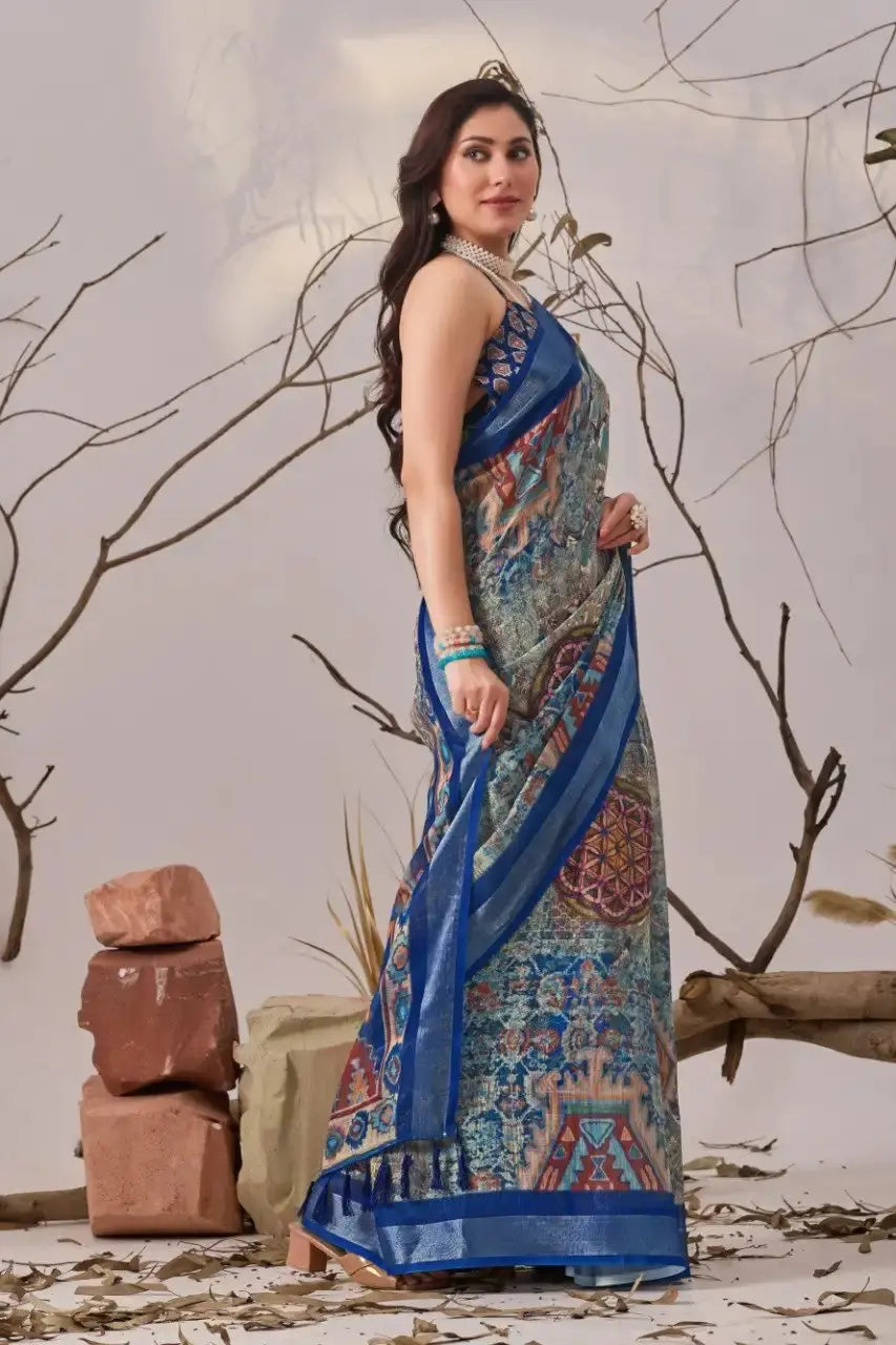 Navy Blue Linen Cotton Saree – side view showing geometric body and Royal Blue contrast border