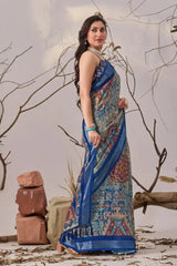 Navy Blue Linen Cotton Saree – side view showing geometric body and Royal Blue contrast border