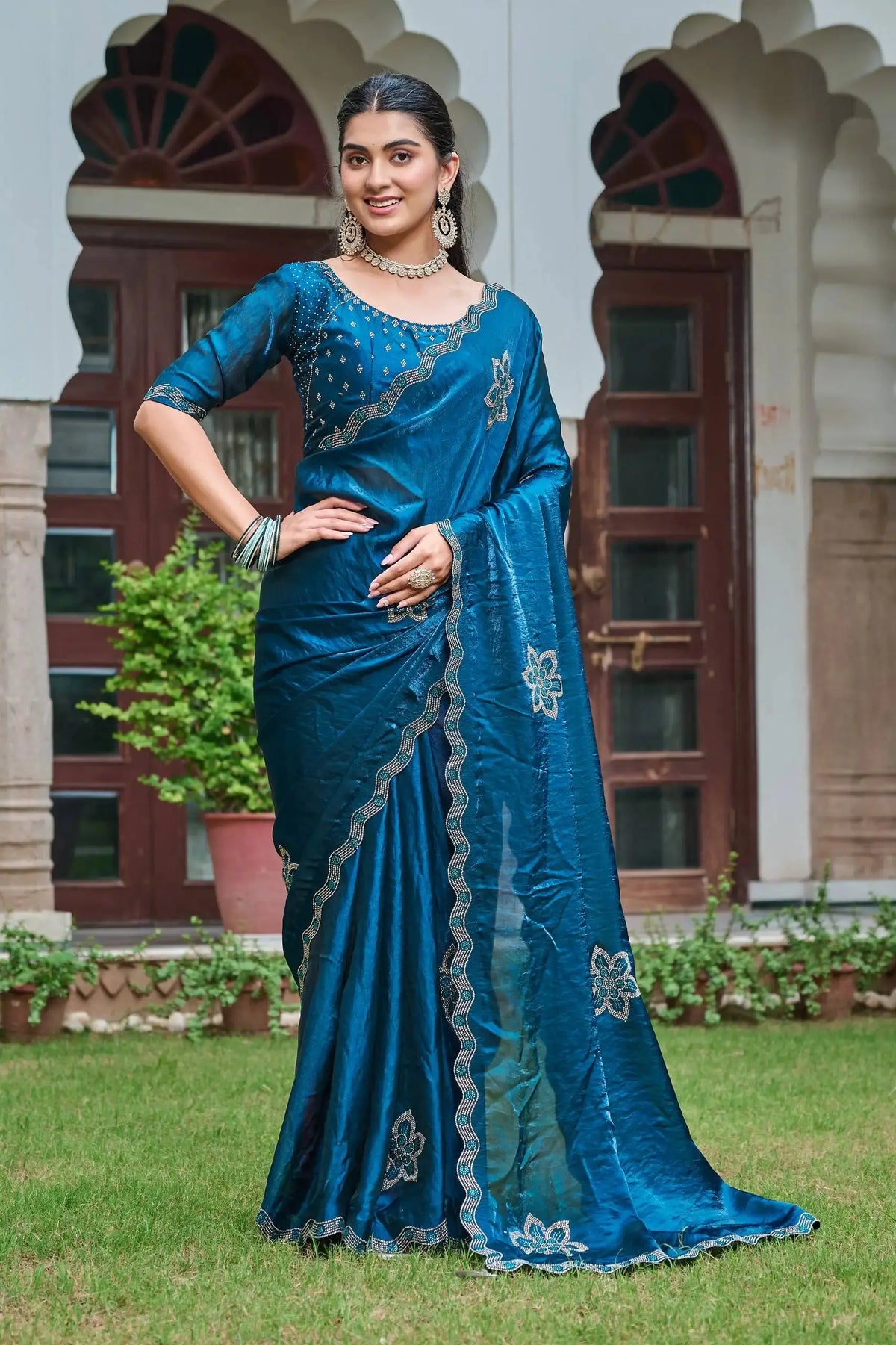 Navy Blue Diamond Work Saree standing pose showing full drape