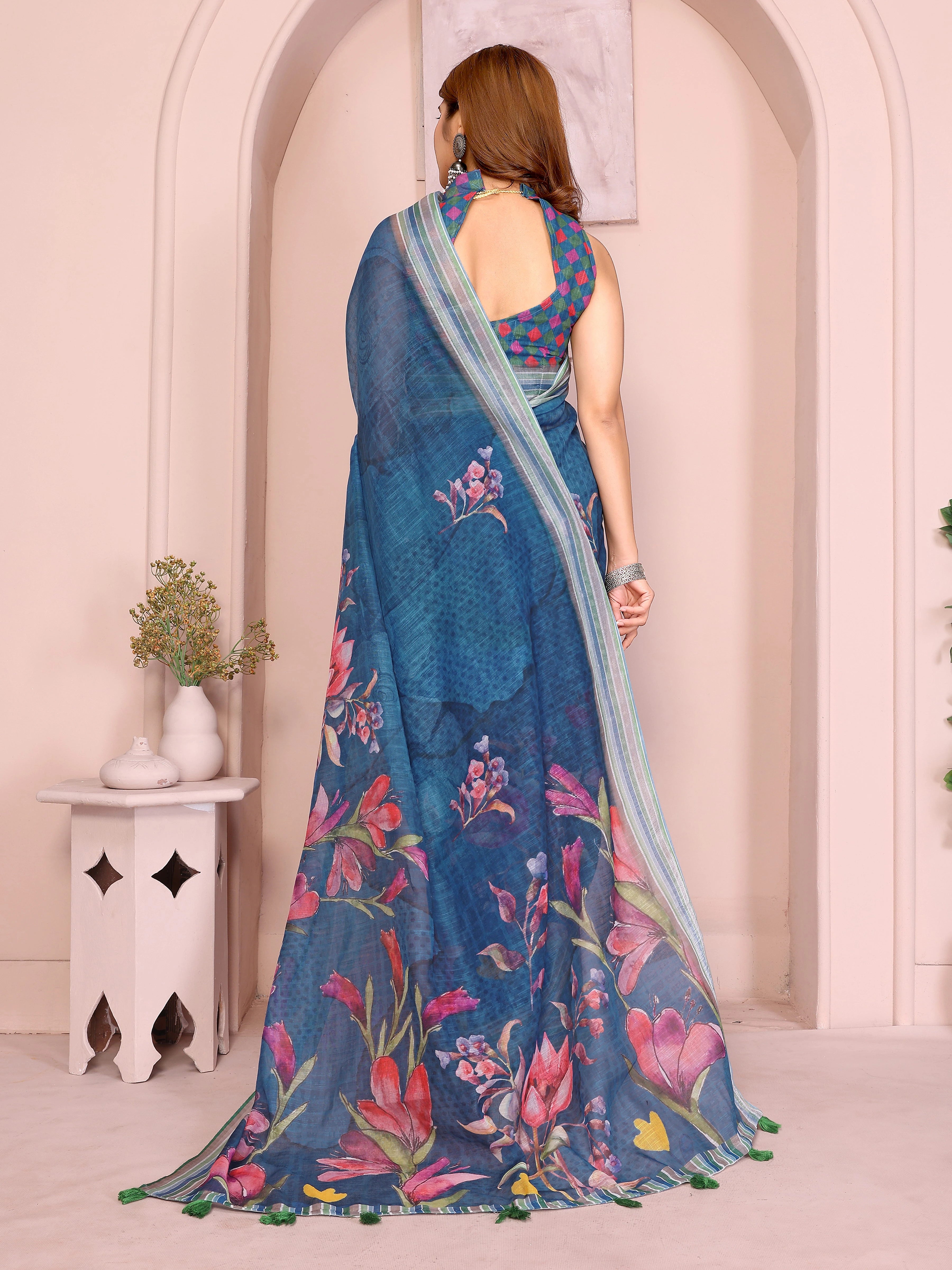 Navy Blue Floral Print Saree – back view showing draped pallu and contrast stripe border detail