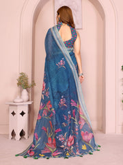 Navy Blue Floral Print Saree – back view showing draped pallu and contrast stripe border detail