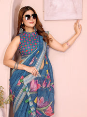 Navy Blue Linen Cotton Floral Saree – close-up of waist drape, contrast border and tassels