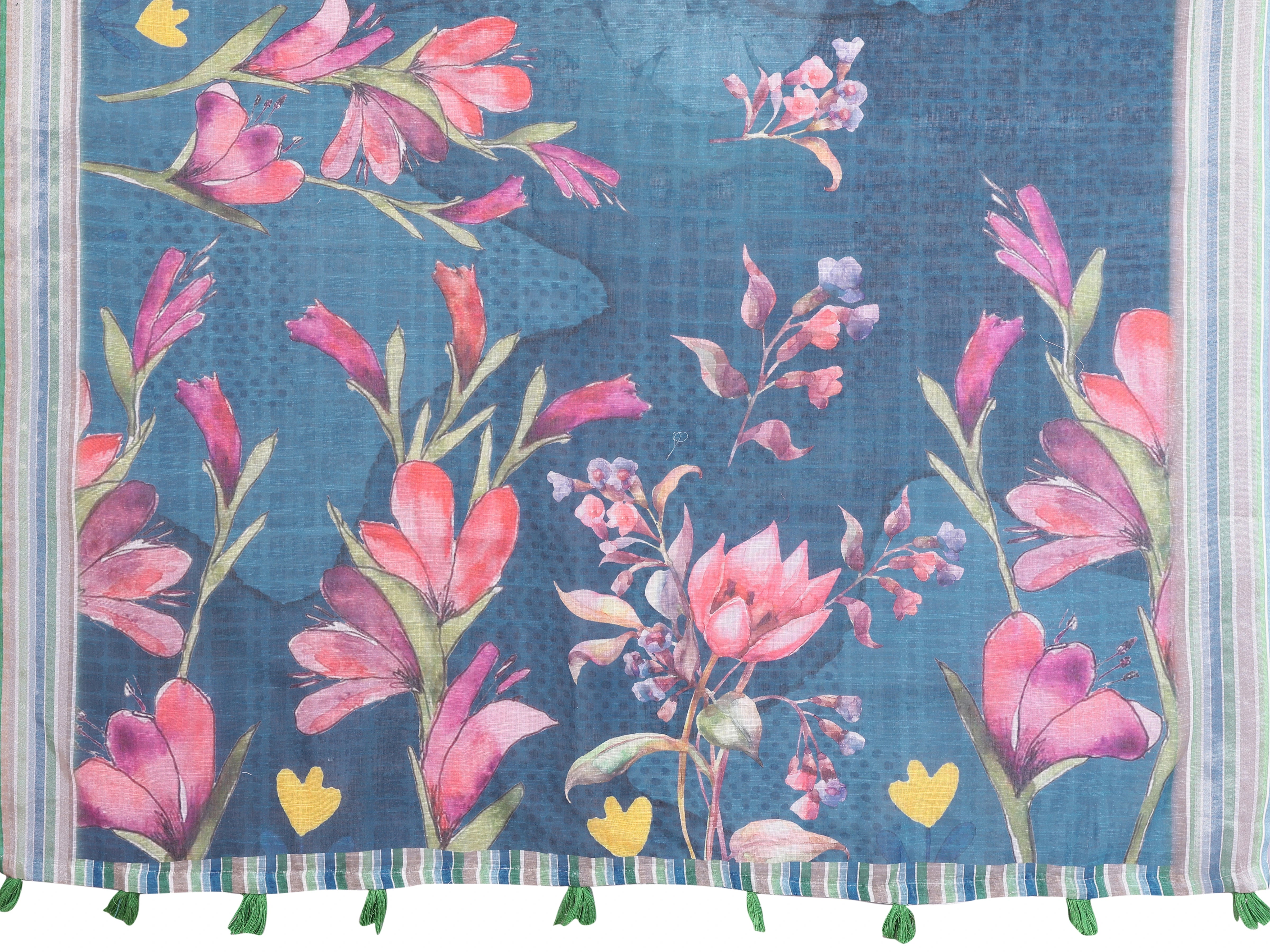 Navy Blue Digital Floral Print Saree – flat lay showing full botanical floral design and printed pallu