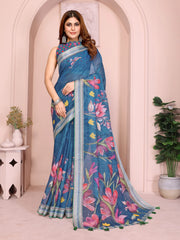 Navy Blue Digital Floral Print Saree – front drape view in linen cotton with vibrant floral motif