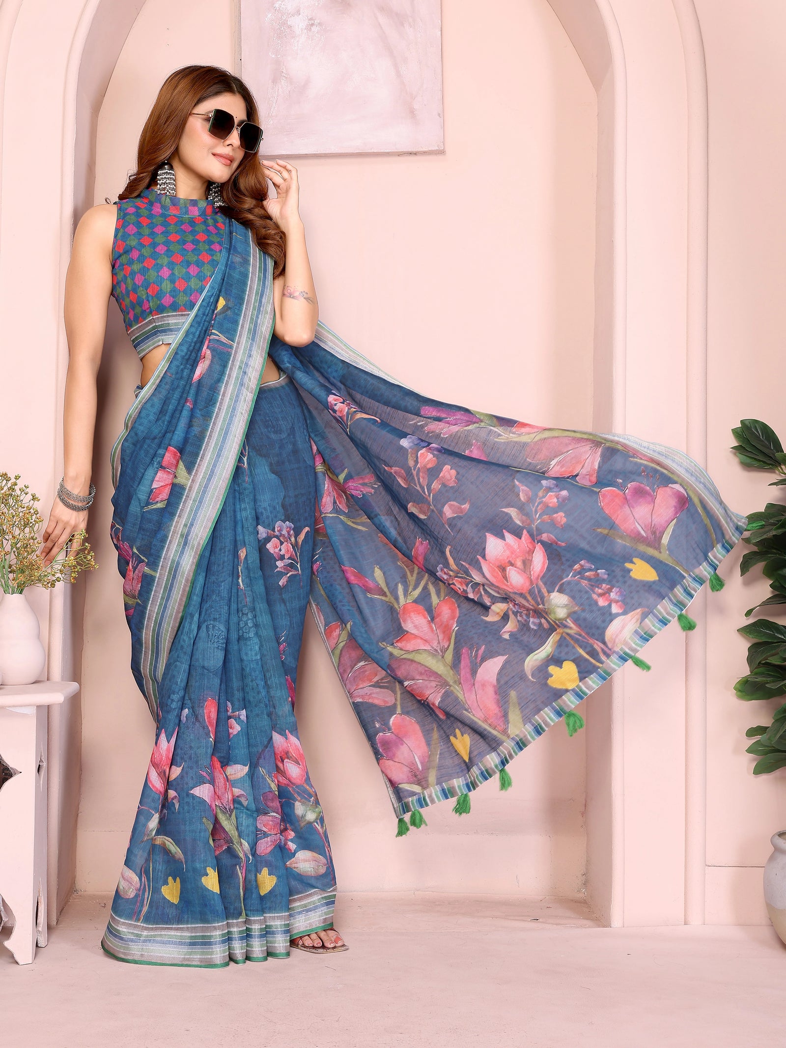 Navy Blue Digital Floral Print Saree – floral printed pallu fanned out with green tassel accents