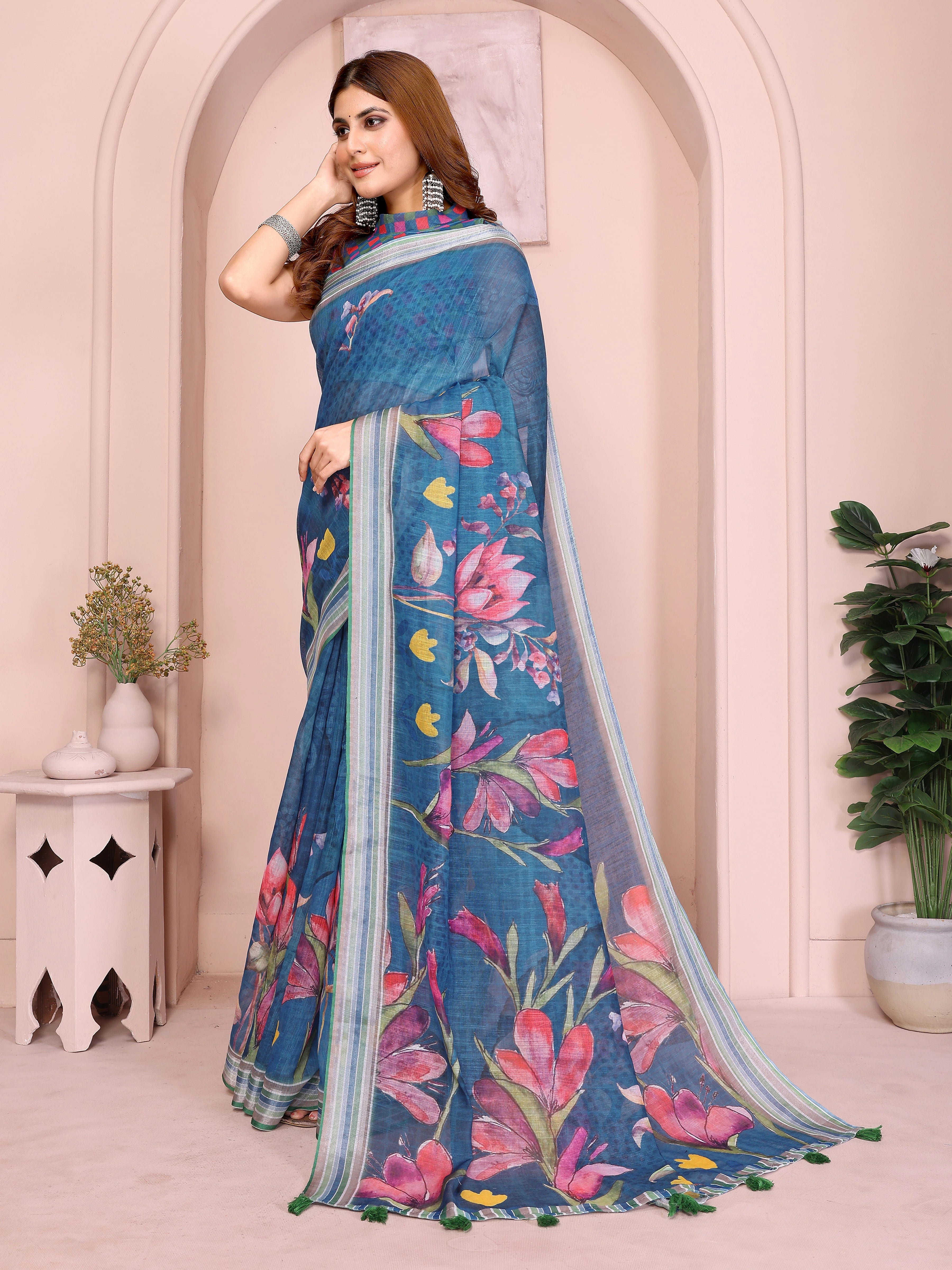 Navy Blue Linen Cotton Saree – side profile showing digital floral print and striped contrast border