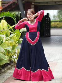 Navy Blue Mirror Lace Work Lehenga – 6M Flair, Rayon Cotton, Cowrie Detail