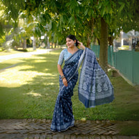 Navy Blue Digital Block Printed Soft Cotton Saree