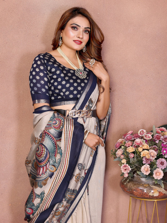 Woman in a saree with a floral arrangement on a pink background