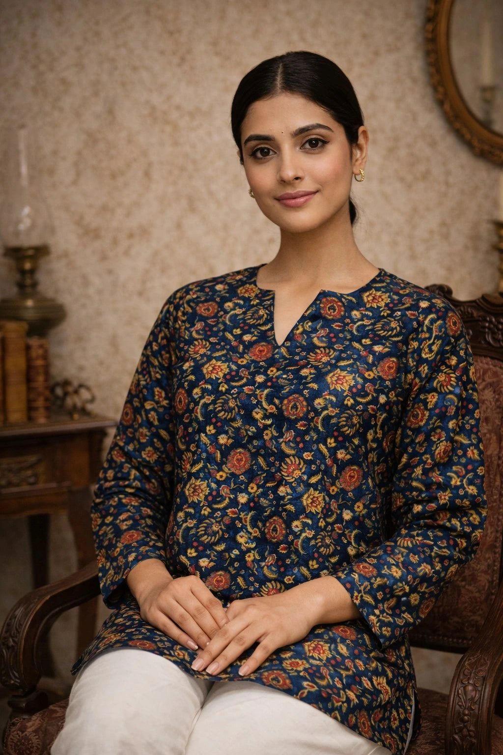 Woman wearing a floral patterned kurta sitting in an ornate chair.