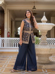Elegant navy blue embroidered georgette suit featuring intricate floral patterns.