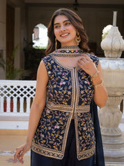 Traditional navy blue georgette suit with rich embroidery work.