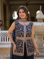 Heavy embroidered navy blue georgette suit styled for festive wear.