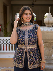 Navy blue georgette suit featuring star embroidery patterns.