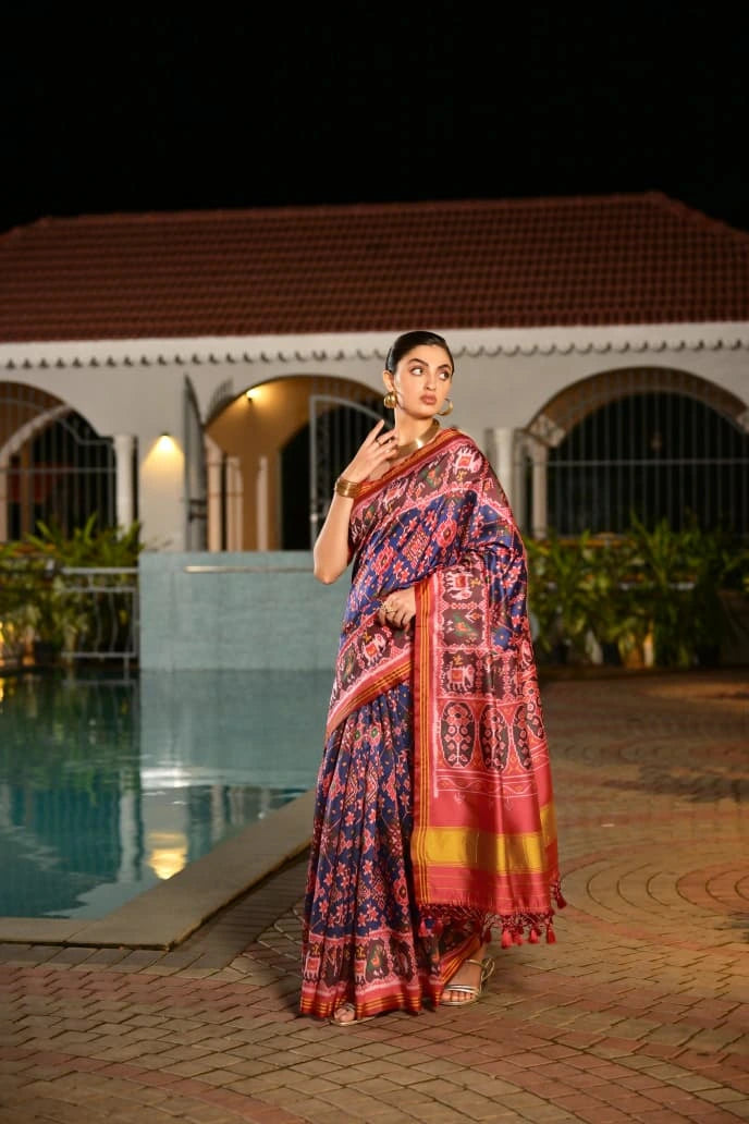 Navy blue Ikkat silk saree displayed on Shopify product page