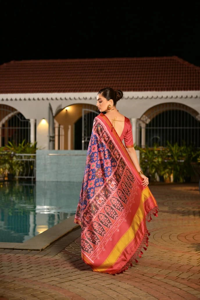 Soft Patola silk saree with traditional Ikkat print in navy blue
