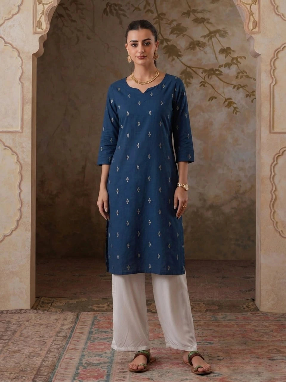 Woman wearing a blue kurta with white patterns in an ornate room.