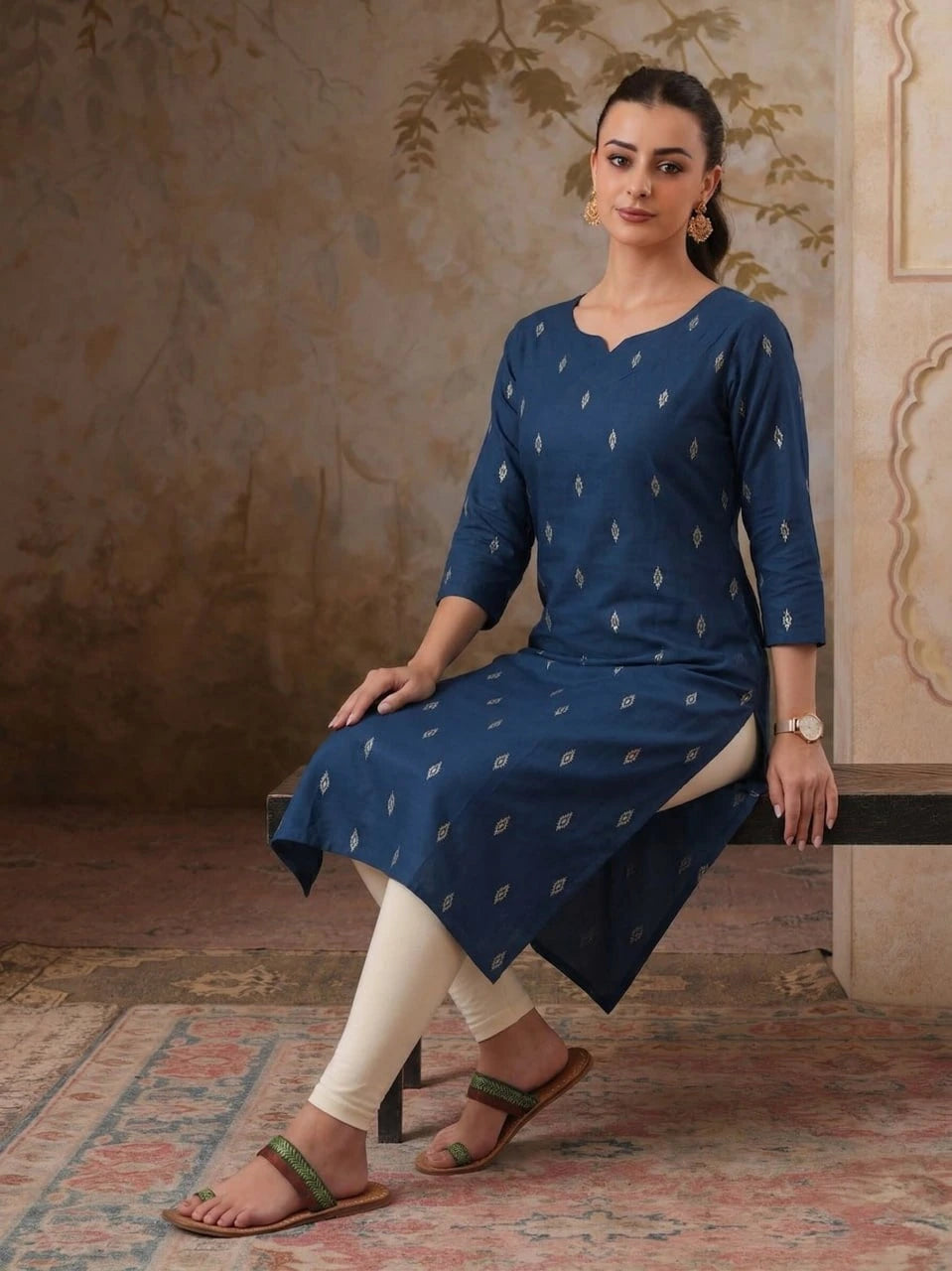 Woman wearing a blue kurta with white patterns sitting on a decorative rug.