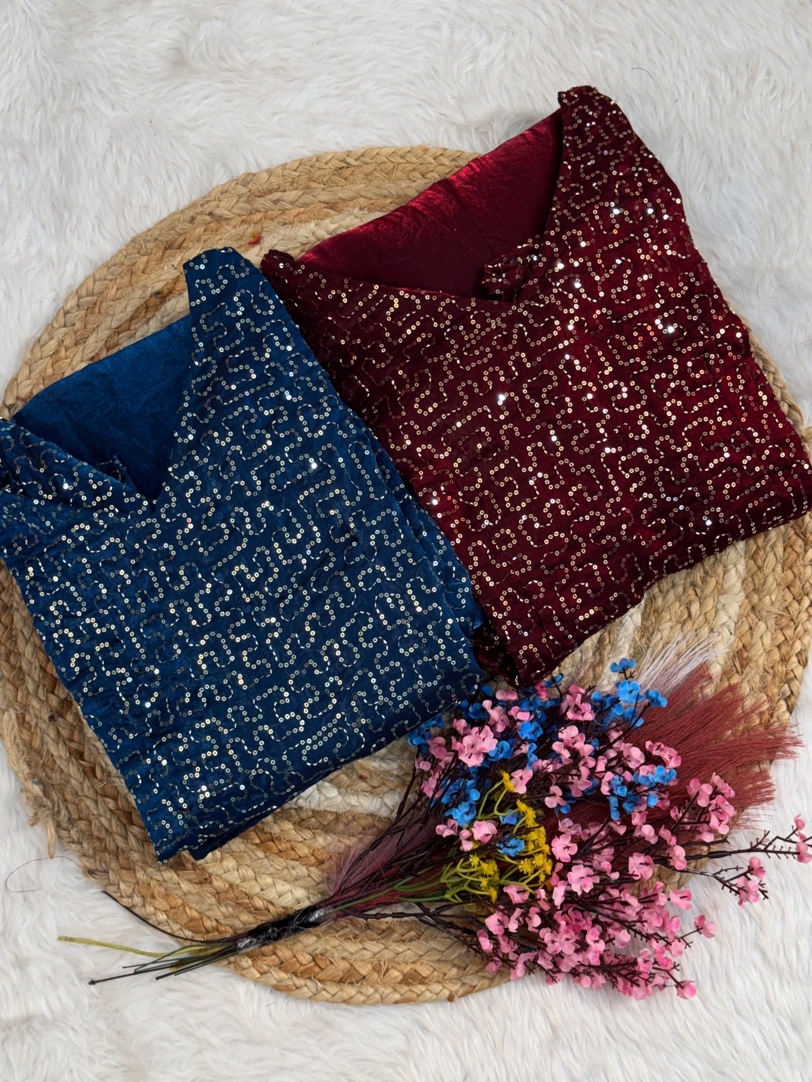 Two fabric samples, one blue and one red, on a woven mat with dried flowers.