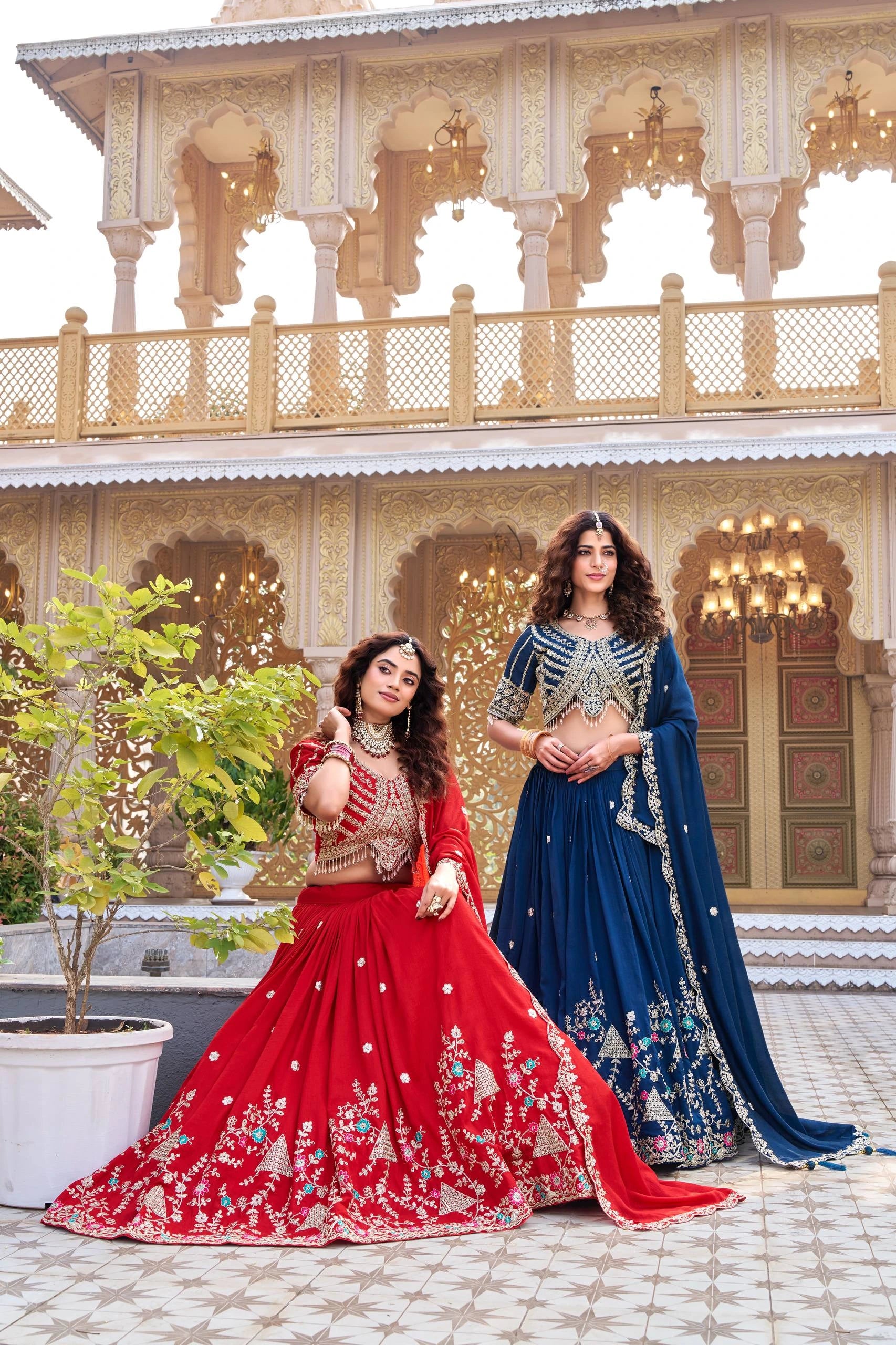 Festive navy blue Vichitra lehenga with shimmering sequins and embroidery for weddings