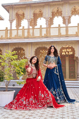 Festive navy blue Vichitra lehenga with shimmering sequins and embroidery for weddings