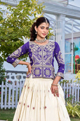 Elegant ethnic outfit featuring a sequins embroidered tissue silk kurti and flared lehenga with 3.5 meter flair and soft micro cotton inner.