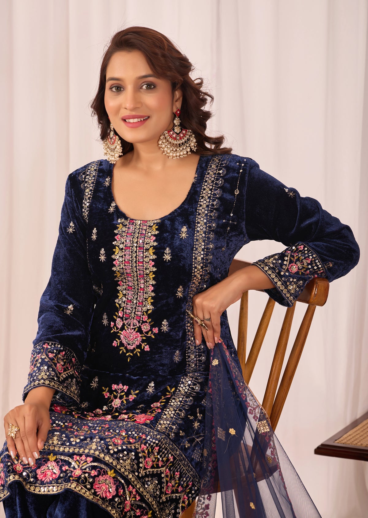 Navy Blue Sequins Embroidery Work Viscos Velvet Suit – Kalyanja
