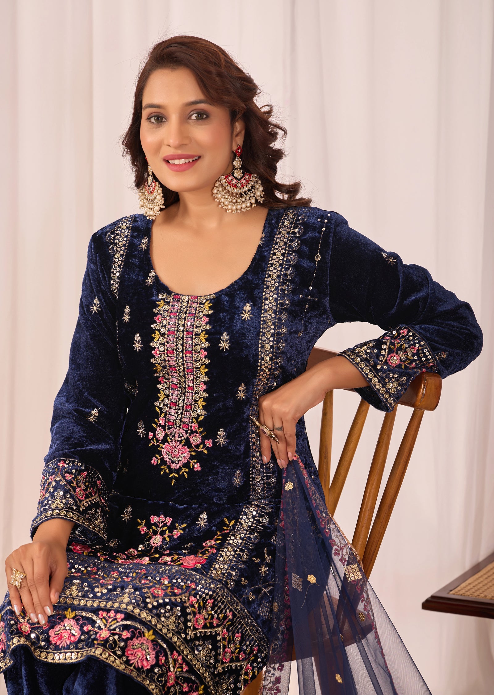 Navy Blue Sequins Embroidery Work Viscos Velvet Suit – Kalyanja
