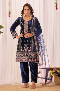 Navy Blue Sequins Embroidery Work Viscos Velvet Suit