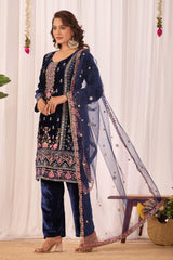 Navy Blue Sequins Embroidery Work Viscos Velvet Suit – Kalyanja
