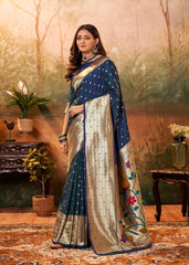 Woman in a traditional saree standing in a decorated room with plants and furniture.